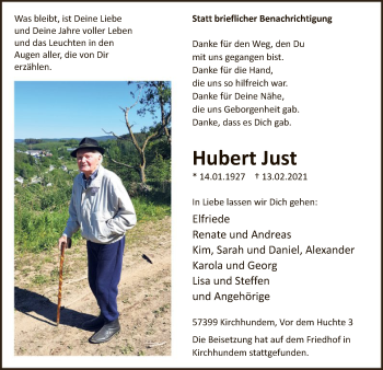 Traueranzeige von Hubert Just von WA