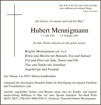 Traueranzeige von Hubert Mennigmann von WA