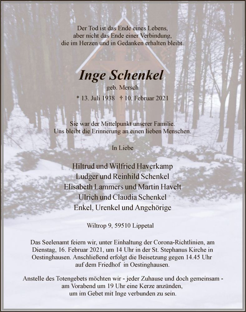  Traueranzeige für Inge Schenkel vom 13.02.2021 aus WA