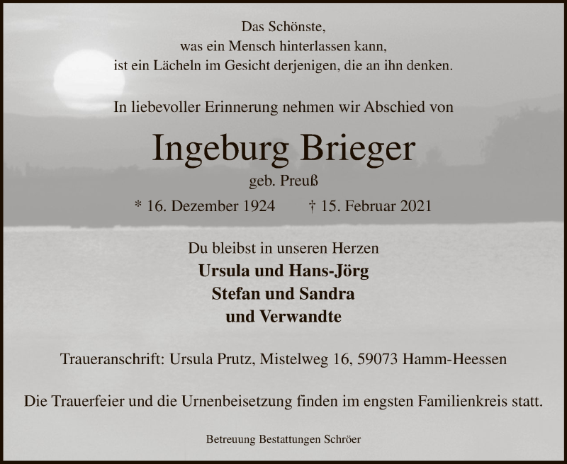  Traueranzeige für Ingeburg Brieger vom 20.02.2021 aus WA