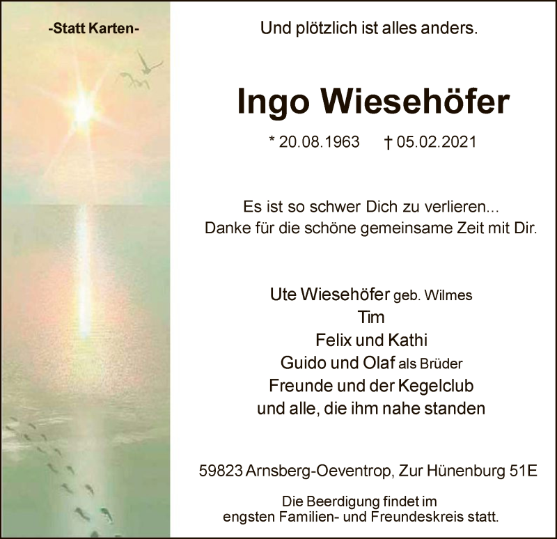  Traueranzeige für Ingo Wiesehöfer vom 13.02.2021 aus WA