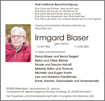 Traueranzeige von Irmgard Blaser von WA