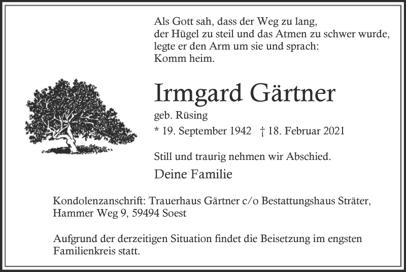  Traueranzeige für Irmgard Gärtner vom 24.02.2021 aus WA