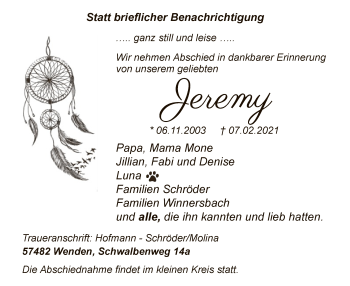 Traueranzeige von Jeremy  von WA