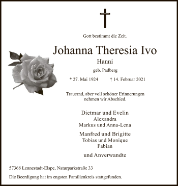 Traueranzeige von Johanna Theresia Ivo von WA