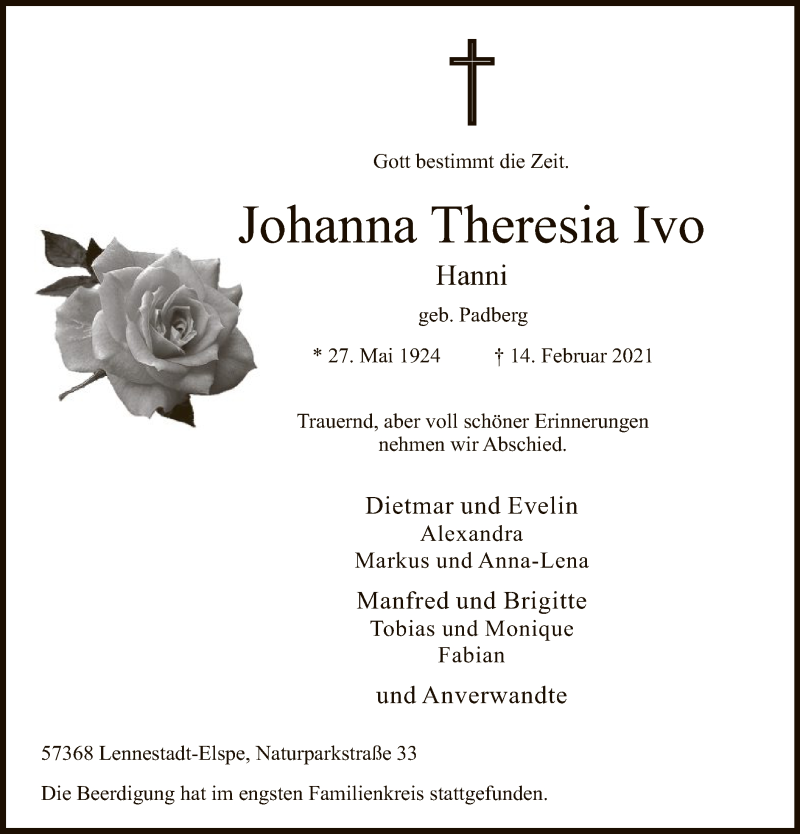  Traueranzeige für Johanna Theresia Ivo vom 20.02.2021 aus WA