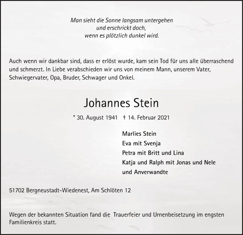  Traueranzeige für Johannes Stein vom 27.02.2021 aus WA