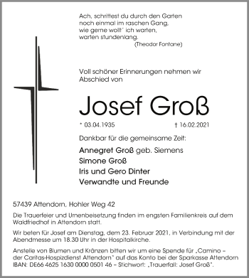 Traueranzeige von Josef Groß von WA