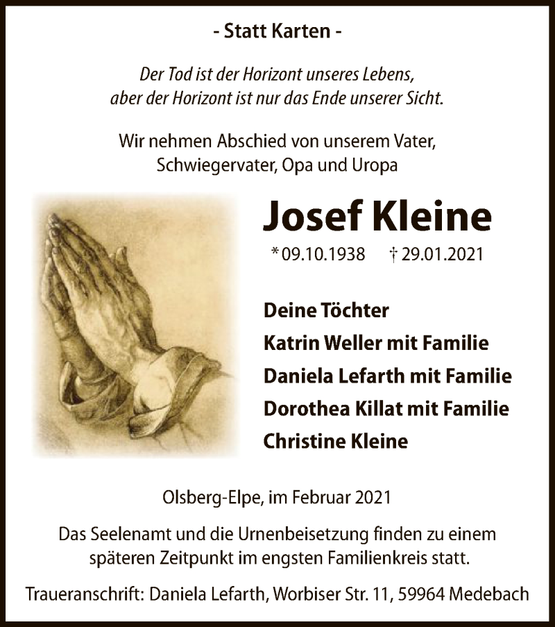  Traueranzeige für Josef Kleine vom 06.02.2021 aus WA