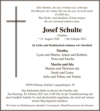 Traueranzeige von Josef Schulte von WA