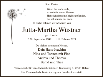 Traueranzeige von Jutta-Martha Wüstner von WA
