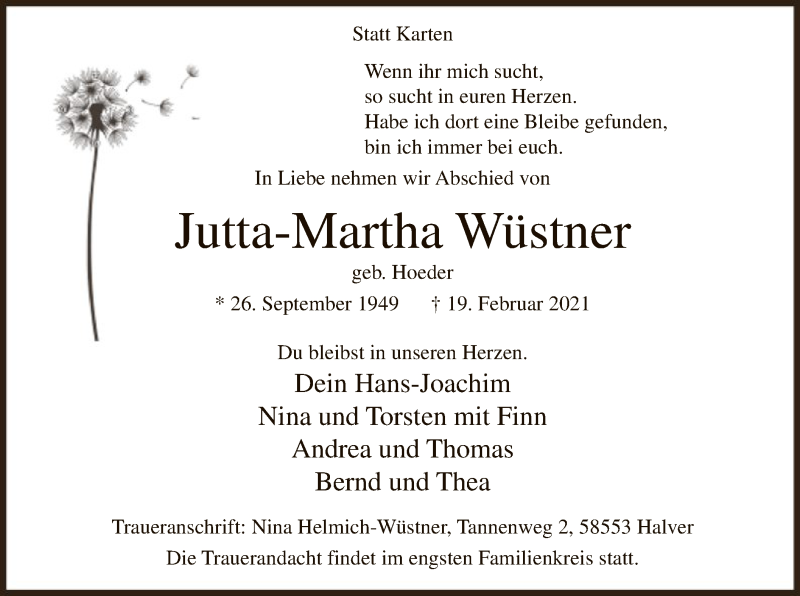  Traueranzeige für Jutta-Martha Wüstner vom 27.02.2021 aus WA