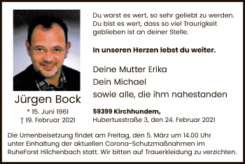 Traueranzeige von Jürgen Bock von WA