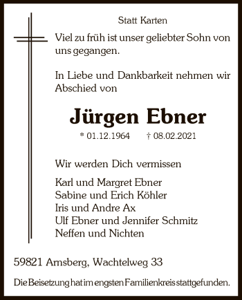 Traueranzeige von Jürgen Ebner von WA