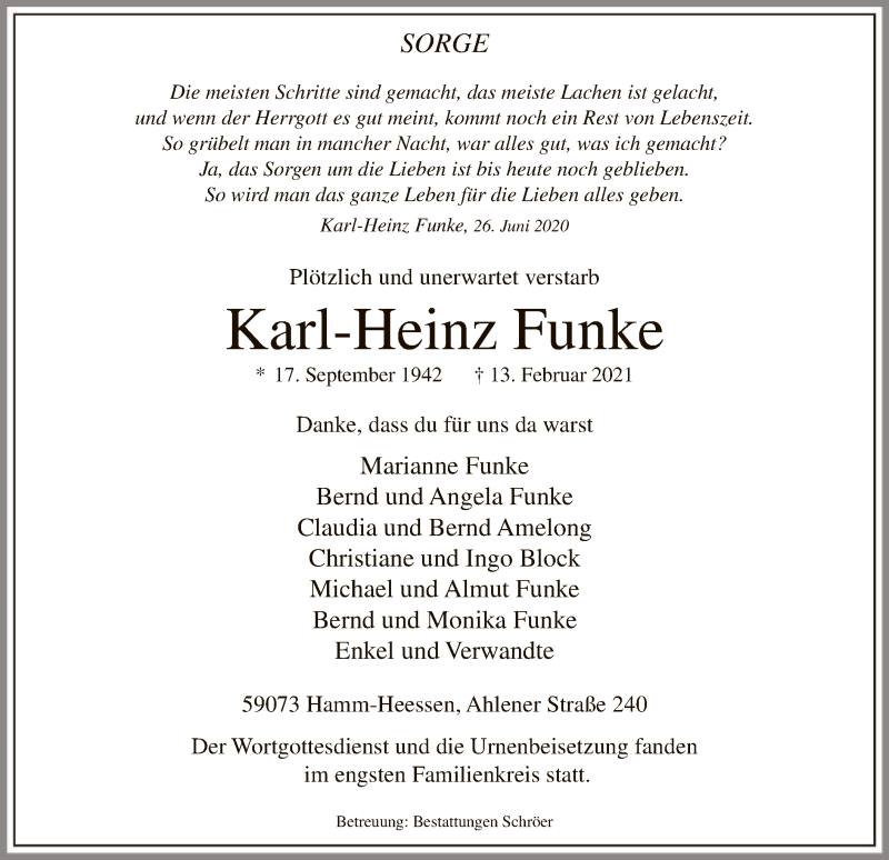  Traueranzeige für Karl-Heinz Funke vom 20.02.2021 aus WA