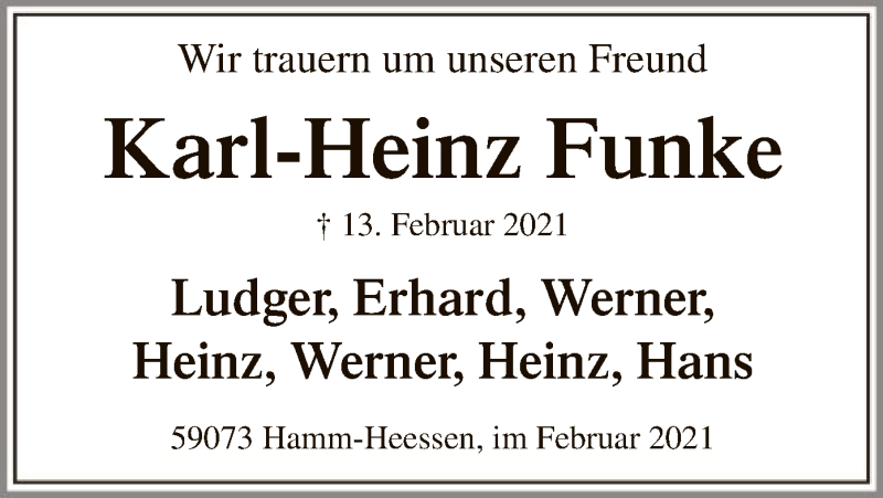  Traueranzeige für Karl-Heinz Funke vom 20.02.2021 aus WA