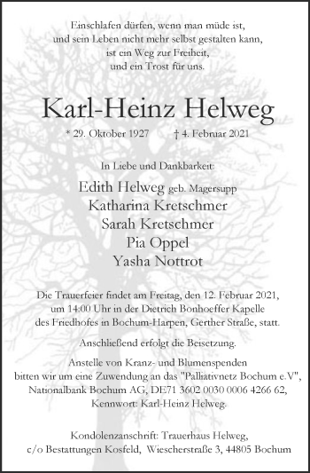 Traueranzeige von Karl-Heinz Helweg von WA