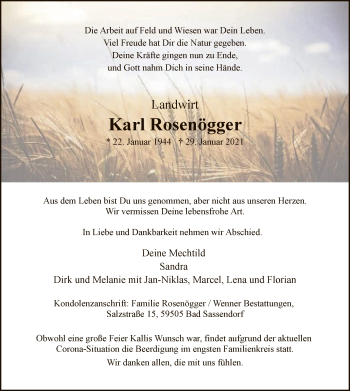 Traueranzeige von Karl Rosenögger von WA