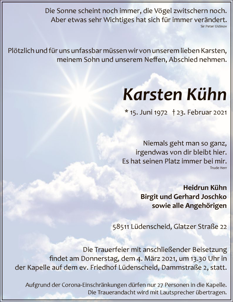  Traueranzeige für Karsten Kühn vom 27.02.2021 aus WA
