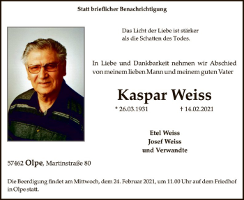 Traueranzeige von Kaspar Weiss von WA