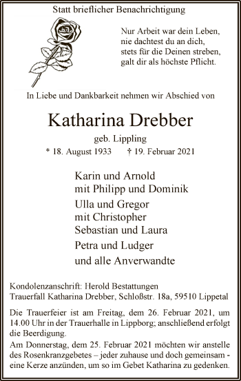 Traueranzeige von Katharina Drebber von WA