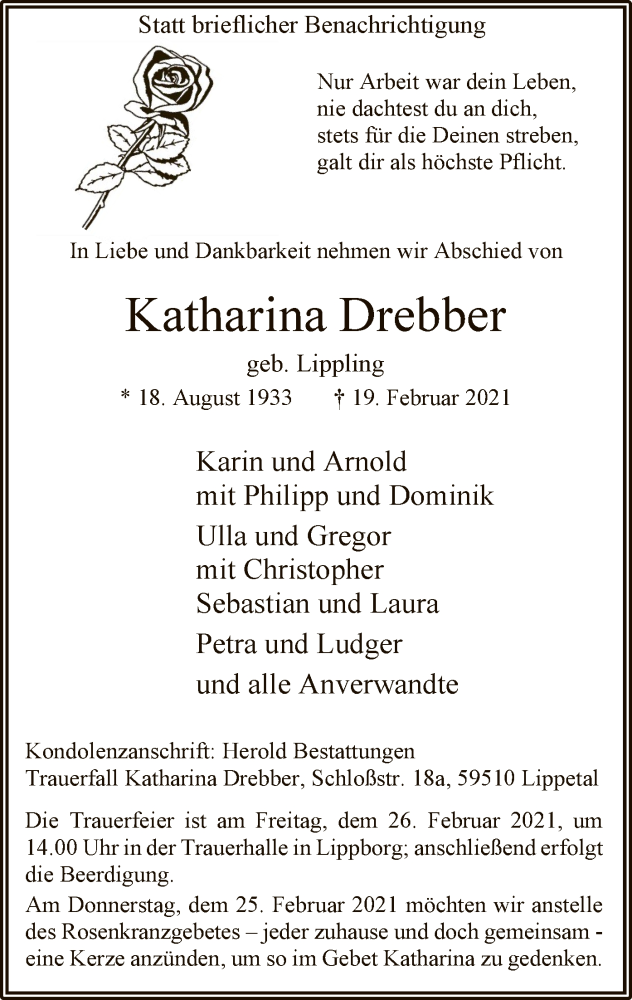  Traueranzeige für Katharina Drebber vom 23.02.2021 aus WA