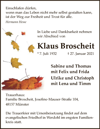 Traueranzeige von Klaus Broscheit von WA
