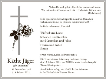 Traueranzeige von Käthe Jäger von WA