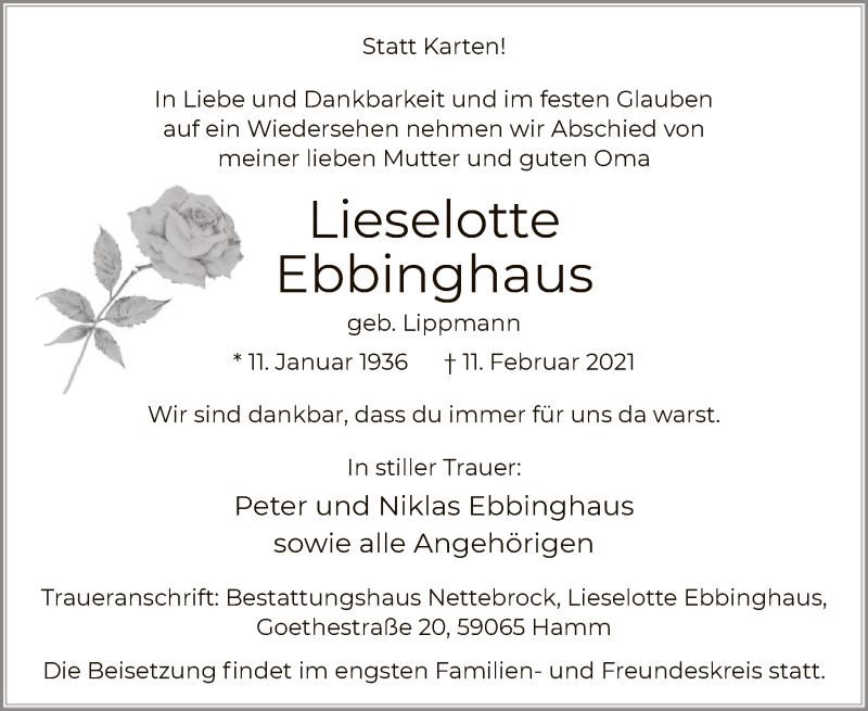  Traueranzeige für Lieselotte Ebbinghaus vom 20.02.2021 aus WA