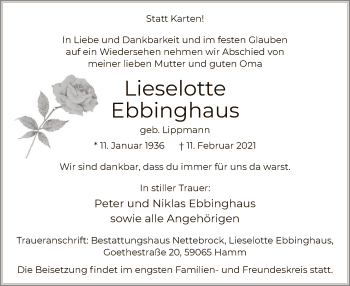 Traueranzeige von Lieselotte Ebbinghaus von WA
