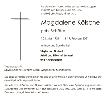Traueranzeige von Magdalene Kölsche von WA