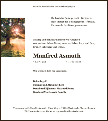 Traueranzeige von Manfred Asmuth von WA