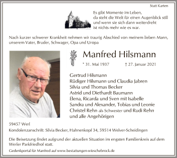Traueranzeige von Manfred Hilsmann von WA