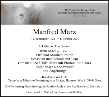 Traueranzeige von Manfred März von WA