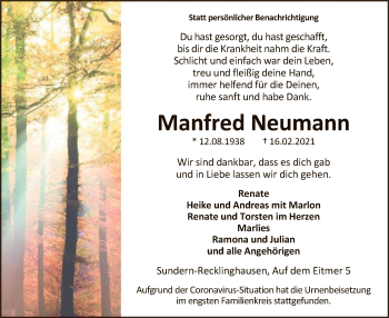 Traueranzeige von Manfred Neumann von WA