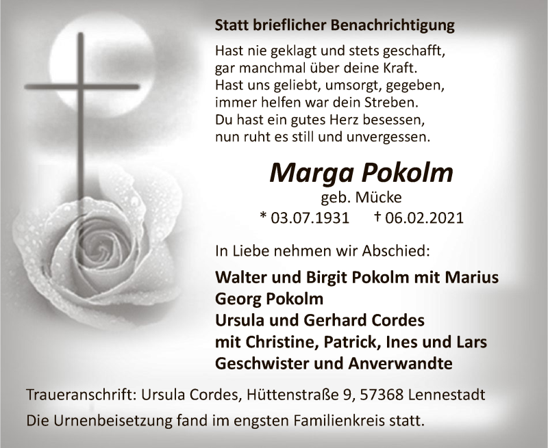  Traueranzeige für Marga Pokolm vom 13.02.2021 aus WA