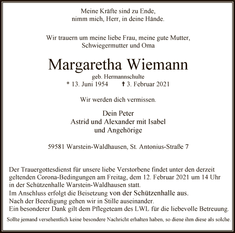  Traueranzeige für Margaretha Wiemann vom 08.02.2021 aus WA