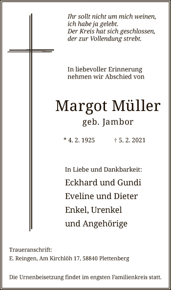 Traueranzeige von Margot Müller von WA