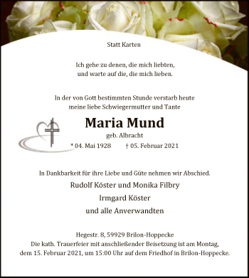 Traueranzeige von Maria Mund von WA