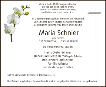 Traueranzeige von Maria Schnier von WA