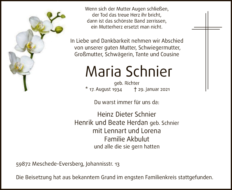  Traueranzeige für Maria Schnier vom 13.02.2021 aus WA
