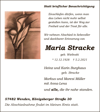 Traueranzeige von Maria Stracke von WA