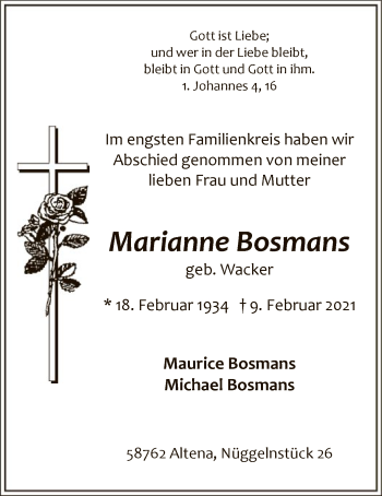 Traueranzeige von Marianne Bosmans von WA