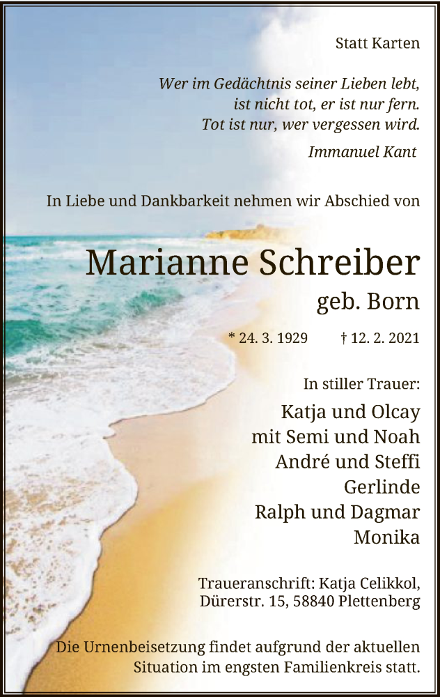  Traueranzeige für Marianne Schreiber vom 13.02.2021 aus WA