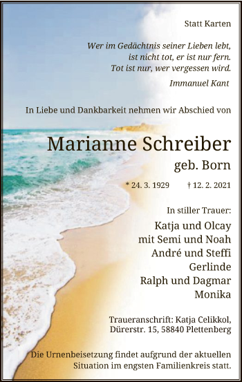 Traueranzeige von Marianne Schreiber von WA