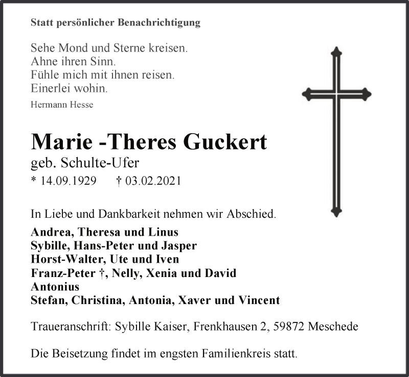 Traueranzeige für Marie -Theres Guckert vom 06.02.2021 aus WA
