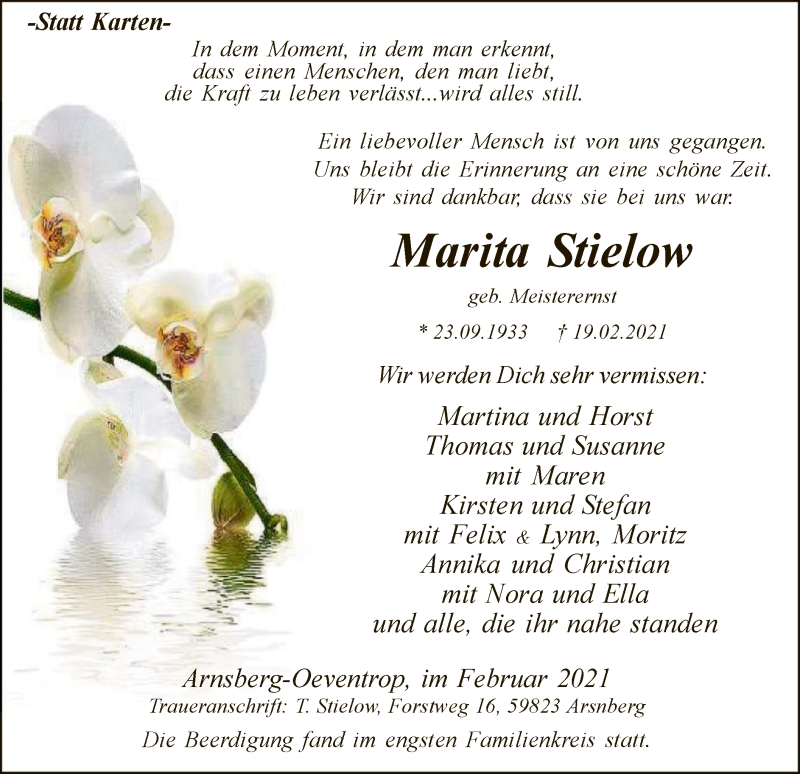  Traueranzeige für Marita Stielow vom 27.02.2021 aus WA