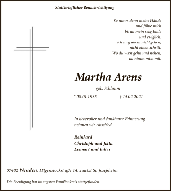 Traueranzeige von Martha Arens von WA