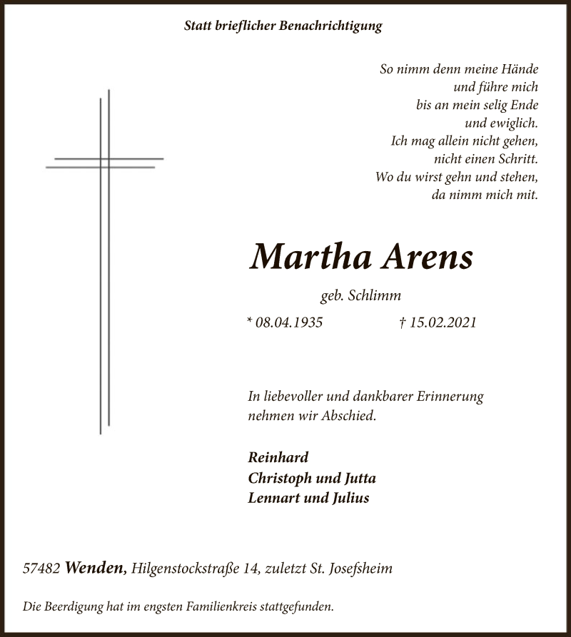  Traueranzeige für Martha Arens vom 20.02.2021 aus WA