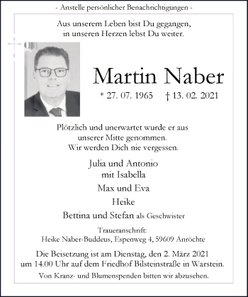 Traueranzeige von Martin Naber von WA